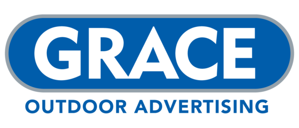 Logo of Grace Outdoor Advertising featuring the word 'GRACE' in bold white letters on a blue background, with 'OUTDOOR ADVERTISING' in smaller blue letters below.