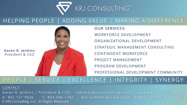 A professional headshot of a woman with short curly hair, wearing a red blazer, smiling confidently. She is identified as Karen R. Jenkins, President & CEO of KRJ Consulting, with a background displaying the company's name and various services offered, such as workforce development and project management.
