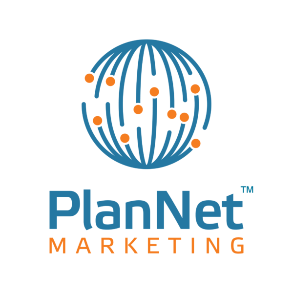 Logo of PlanNet Marketing featuring a globe made of curved lines with orange dots, and the text 'PlanNet MARKETING' beneath it, with 'PlanNet' in bold blue and 'MARKETING' in orange.