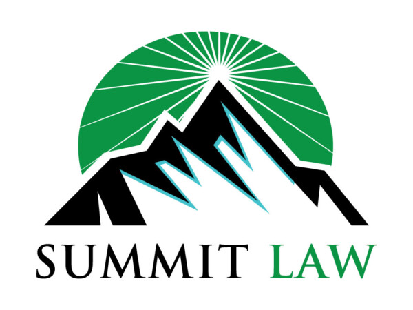 A logo featuring a stylized mountain with sharp peaks, set against a green sunburst background, and the words 'SUMMIT LAW' below in bold black and green lettering.