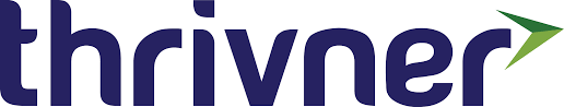 Logo of Thrivner, featuring the text 'thrivner' in a bold, modern font, primarily in dark purple, accompanied by a graphic element of a green and blue geometric shape resembling a leaf or arrow.