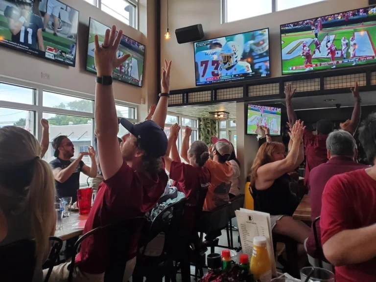 A lively sports bar scene with patrons enthusiastically cheering and raising their arms in celebration, while multiple screens show sports games, creating an atmosphere of excitement and camaraderie.