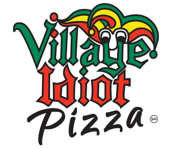 Logo for Village Idiot Pizza featuring playful, colorful lettering with a jester design incorporating a red, yellow, and green color scheme.