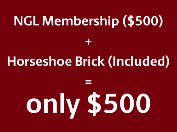 Promotional advertisement displaying NGL Membership for $500, includes Horseshoe Brick, with a total price of only $500 highlighted prominently.
