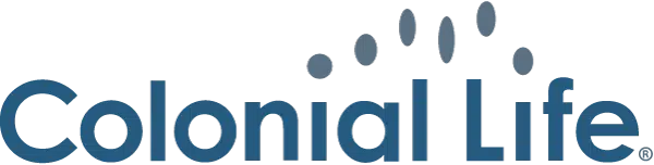 Logo of Colonial Life featuring the company name in blue text with a stylized graphic element above it.