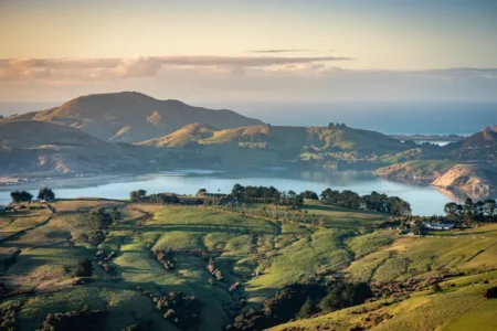 A panoramic view of rolling green hills leading down to a calm bay with water reflecting the sky, backed by distant mountains under a clear sky at sunset.