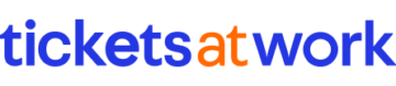 Logo for 'ticketsatwork' featuring the word 'tickets' in blue and 'atwork' in orange and blue, with a modern, clean design.