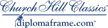 Logo of Church Hill Classics featuring the name in elegant blue script above the website 'diplomaframe.com' in a standard font.