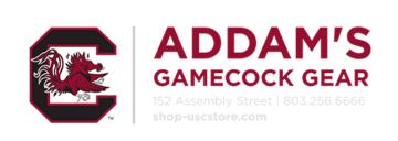 Logo for Addam's Gamecock Gear featuring a red and black Gamecock emblem, with text listing the store name, address, phone number, and website.