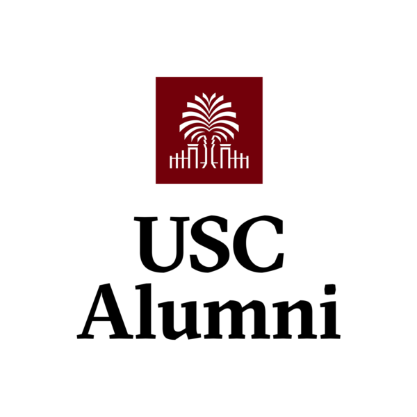 Logo of USC Alumni featuring a stylized palm tree inside a maroon square with the words 'USC Alumni' in bold black text below it.