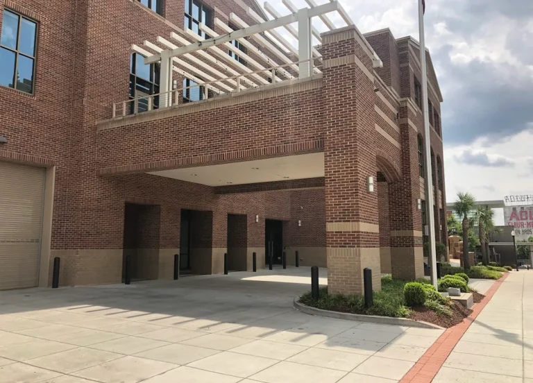 Exterior view of a brick building featuring a large awning above a drop-off area, with two sets of double doors and a smooth concrete pathway leading to landscaped areas and palm trees on the side.