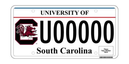 A South Carolina license plate featuring the words 'UNIVERSITY OF' at the top, the letter 'C' with a Gamecock mascot graphic on the left, a series of 'U000000' in the center, and 'South Carolina' at the bottom.