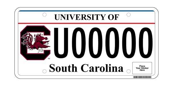 A South Carolina license plate featuring the words 'UNIVERSITY OF' at the top, the letter 'C' with a Gamecock mascot graphic on the left, a series of 'U000000' in the center, and 'South Carolina' at the bottom.