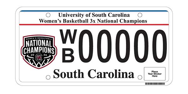 License plate commemorating the University of South Carolina Women's Basketball team, highlighting their 3x National Championship achievement, with the letters 'WB' followed by zeros, and 'South Carolina' displayed at the bottom.