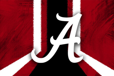 A stylized white 'A' logo on a background of crimson and black with diagonal white stripes, representing the University of Alabama's athletic branding.