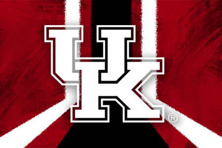 University of Kentucky logo featuring a stylized 'UK' in white with a black outline, overlaid on a background of garnet and black stripes.