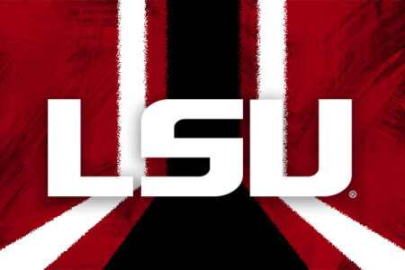 Logo of Louisiana State University (LSU) in bold white letters, centered on a background with garnet and black abstract lines radiating outward.