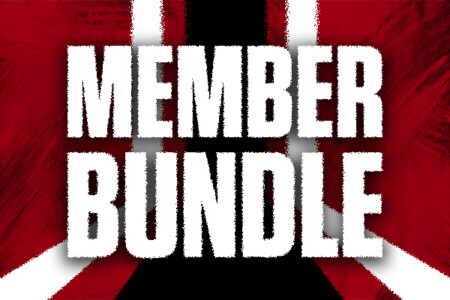 Text graphic featuring the words 'MEMBER BUNDLE' in bold, distressed white letters on a garnet and black abstract background with diagonal lines.
