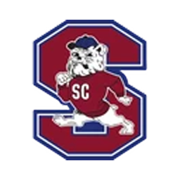 A cartoon-style lion mascot wearing a red shirt with 'SC' on it, running in front of a stylized letter 'S' in maroon, outlined in blue.