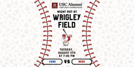 Promotional graphic for a USC Alumni event at Wrigley Field featuring a baseball theme, with text announcing 'Night Out at Wrigley Field,' the date of 'Tuesday, August 5th at 7:05 PM,' and the matchup 'Cubs vs Reds.' The background includes various baseball-related icons.