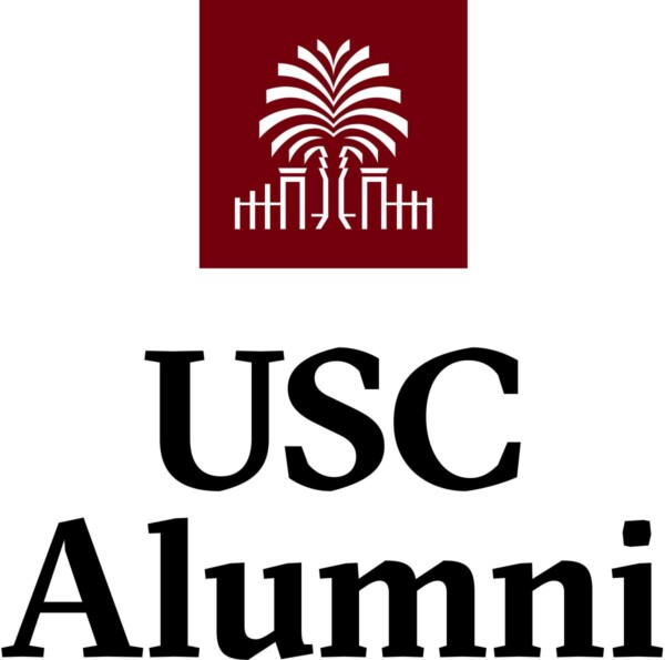 Logo featuring a stylized palm tree design above the text 'USC Alumni' in bold black letters.