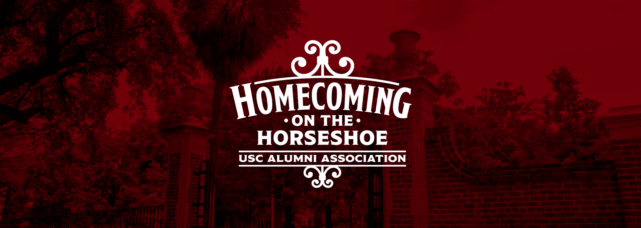 Graphic promoting 'Homecoming on the Horseshoe' event by the USC Alumni Association, featuring stylized text over a blurred background of trees and brick architecture in shades of red.
