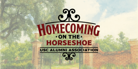 A watercolor illustration depicting a lush entrance with brick pillars and wrought iron gates, featuring the text 'Homecoming on the Horseshoe' and 'USC Alumni Association' in stylized fonts.