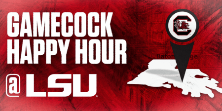 Graphic promoting a 'Gamecock Happy Hour' event at LSU, featuring bold white text on a red background, a location pin with the South Carolina Gamecocks logo, and an outline of Baton Rouge.