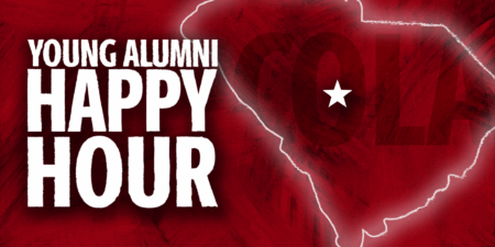 Graphic promoting a 'Young Alumni Happy Hour' event, featuring bold white text on a red background, with a silhouette of South Carolina highlighted and a white star.