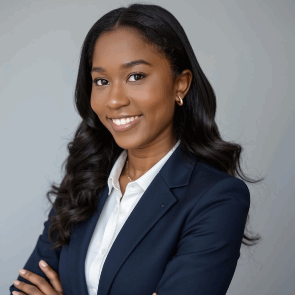 A young woman with long, wavy black hair smiles confidently, wearing a navy blazer over a white shirt, with her arms crossed against a light gray background.