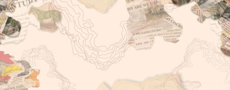 A textured background featuring a blend of newspaper clippings, images of animals, and contour lines in red, creating a layered, abstract design with a light beige backdrop.