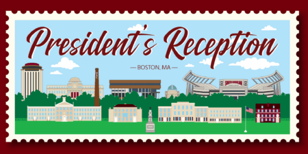 A graphic representation of iconic buildings and landmarks from Boston, MA, with the text 'President's Reception' prominently displayed. The image features various styles of architecture including domed buildings, a sports stadium, and green spaces under a blue sky with clouds.