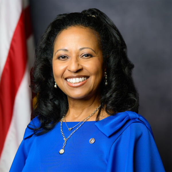 A woman with long black hair and a warm smile is wearing a blue blouse and earrings. She is posed against a blurred background that includes an American flag, with a light gray backdrop enhancing her presence.