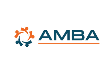 Logo featuring the word "AMBA" in bold blue letters, accompanied by an orange and blue graphic symbol representing interconnected figures.