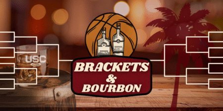 A basketball bracket graphic featuring bottles of bourbon and a glass of whiskey, with tropical palm tree accents in the background.