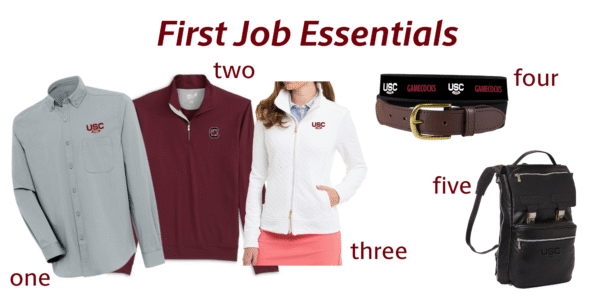 A collection of professional attire and accessories including a light grey shirt, maroon pullover, white zip-up jacket, USC belt, and a black backpack.