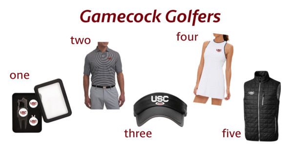 Golf accessories and apparel for Gamecock golfers, including a shirt, dress, visor, and vest, with labeled numbers one to five.