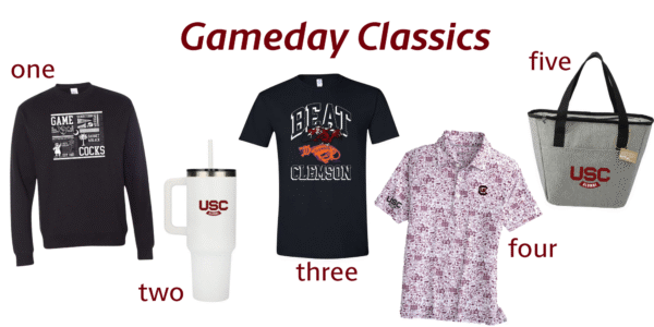 Merchandise display featuring a sweatshirt, insulated tumbler, t-shirt with "BEAT CLEMSON," a floral button-up, and a tote bag.