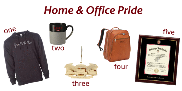 A collage of items representing home and office pride, including a hoodie, coffee mug, wooden model, backpack, and diploma.
