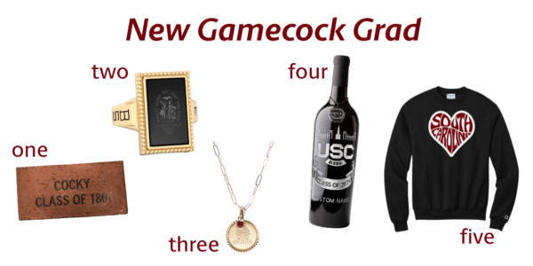 A graphic showcasing graduation items for a Gamecock graduate, including a class brick, a ring, a necklace, a bottle, and a sweatshirt.
