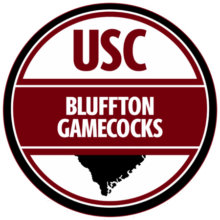 Logo featuring "USC" and "BLUFFTON GAMECOCKS" with a silhouette of South Carolina, using maroon and white colors.