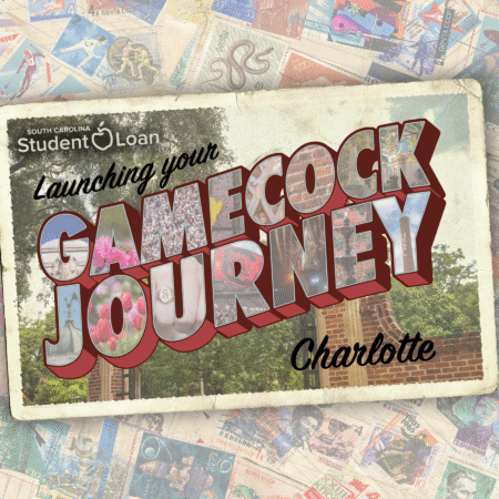 Colorful graphic featuring the text "Launching your GAMECOCK JOURNEY" over a background of vintage postcards and stamps, with "Charlotte" written below.