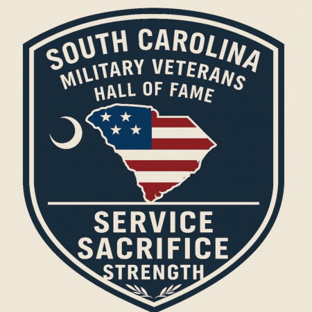 A badge design featuring South Carolina's outline with the American flag, labeled "South Carolina Military Veterans Hall of Fame" and the words "Service Sacrifice Strength" below.