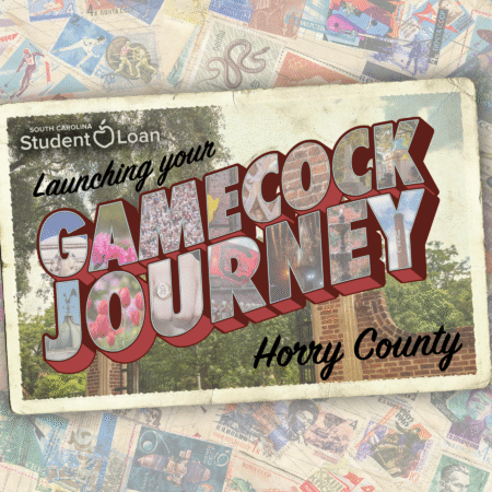 Graphic promoting a student loan initiative in South Carolina, featuring the text "Launching your GAMECOCK JOURNEY" with colorful imagery.