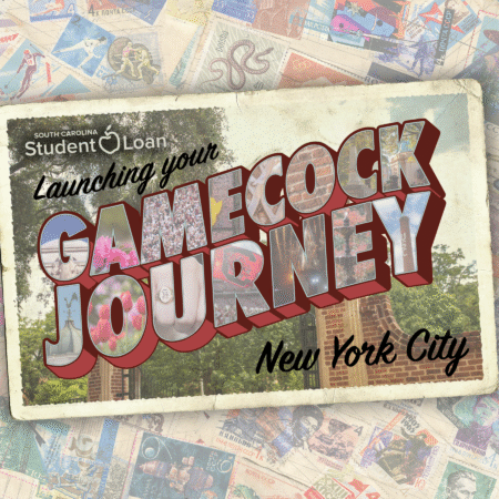 Colorful announcement graphic for a program titled "Launching your Gamecock Journey" in New York City, featuring a vintage postcard design.